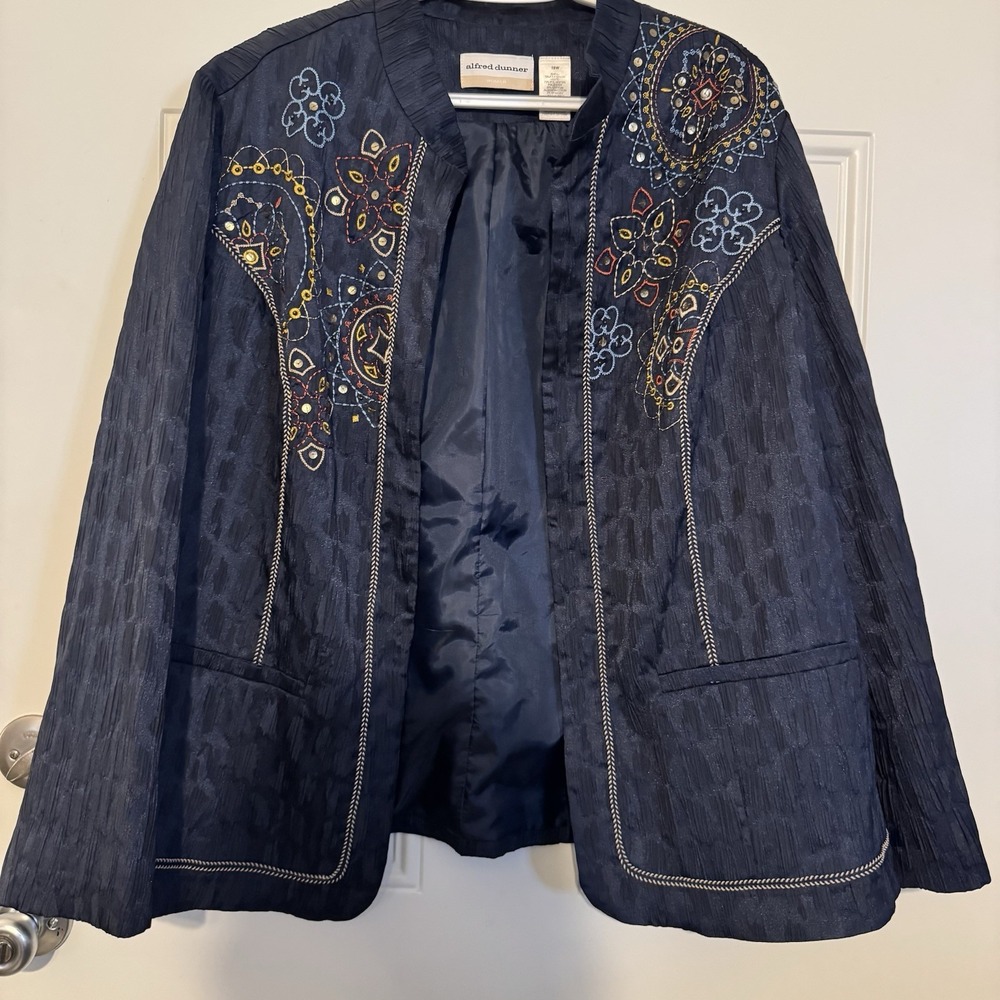 Alfred Dunner Womens Navy Blue Sequin & Embroidered Blazer Jacket Sz 18